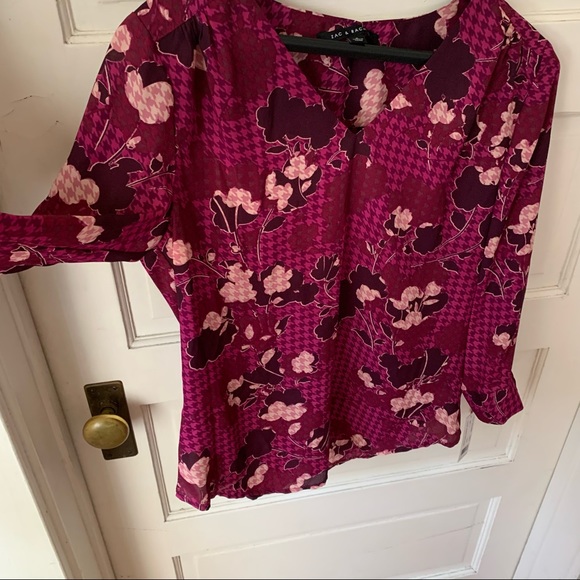 NWT Zac & Rachel Houndstooth Floral 3/4 Tie Sleeve Purple Berry Pink Small - Picture 4 of 13